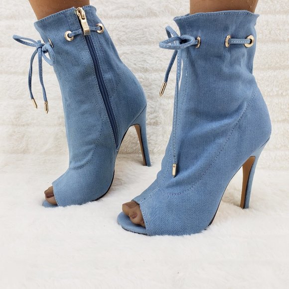 Denim Drawstring Open Toe High Heel Ankle Boots - Picture 9 of 9